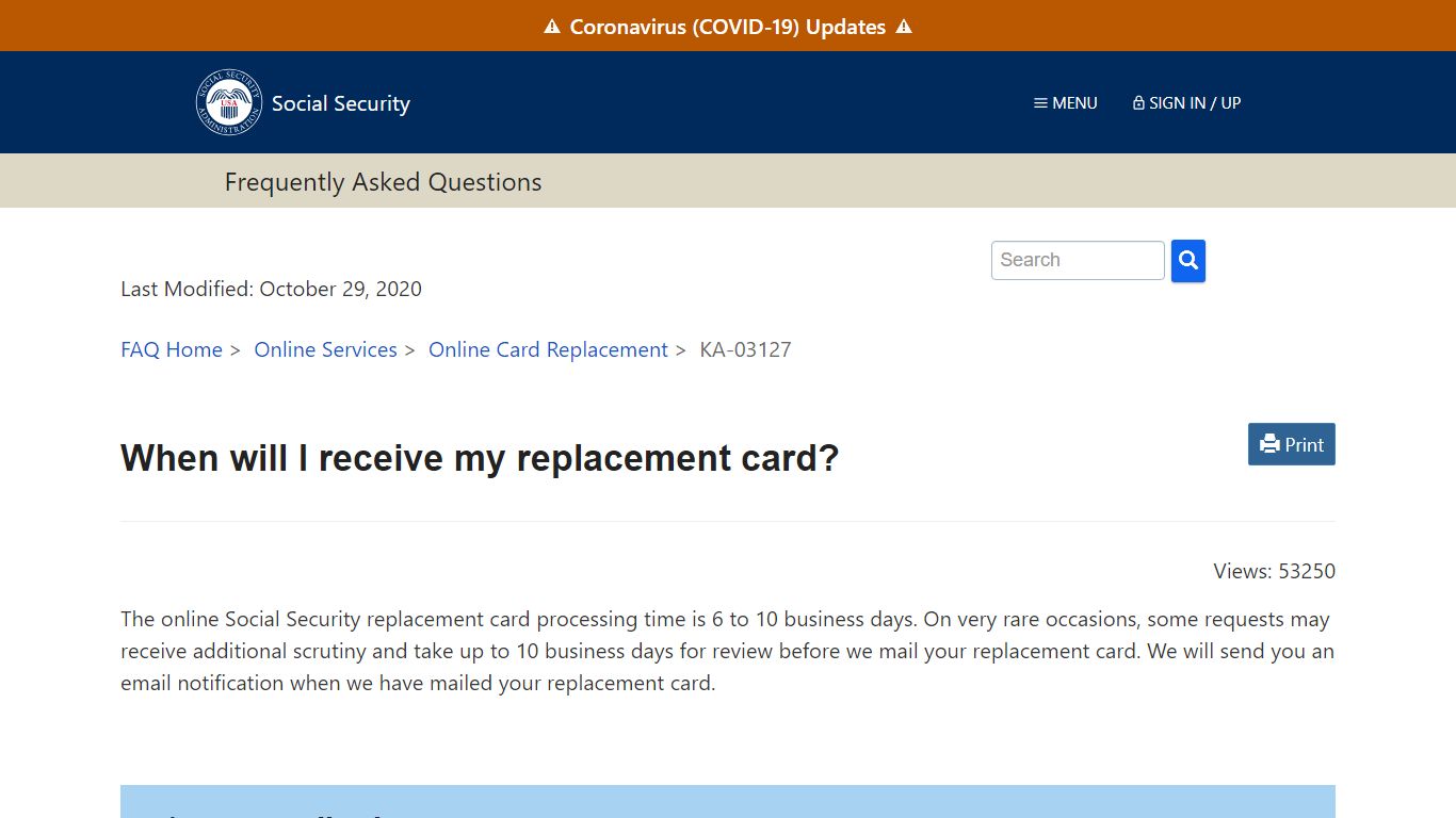 When will I receive my replacement card? · FAQ | SSA